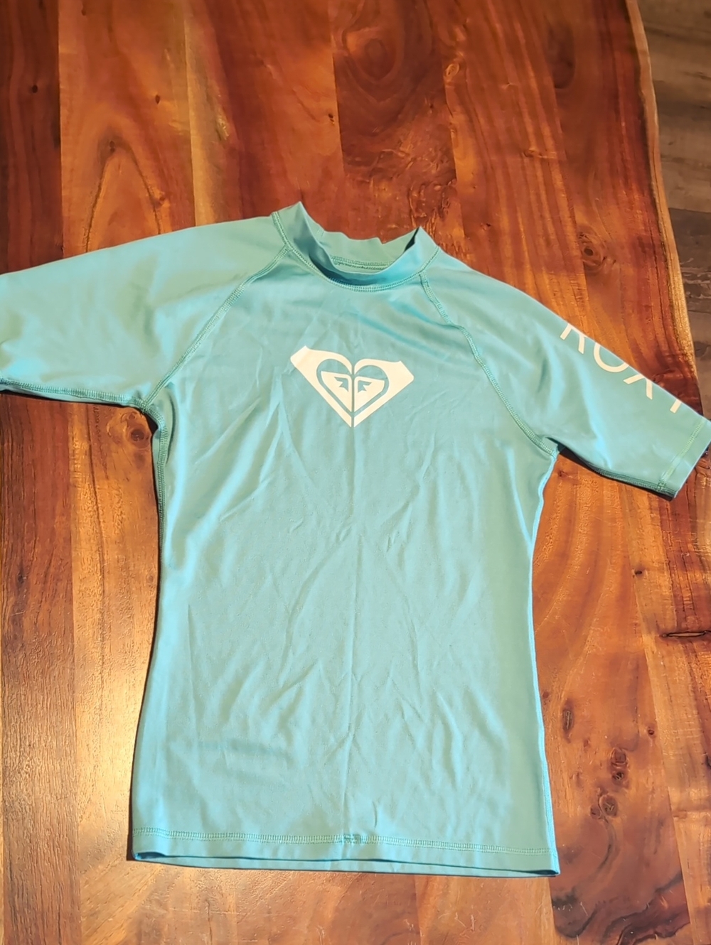 Roxy Girls' Light Aqua Short Sleeve Rash Guard with White Logo